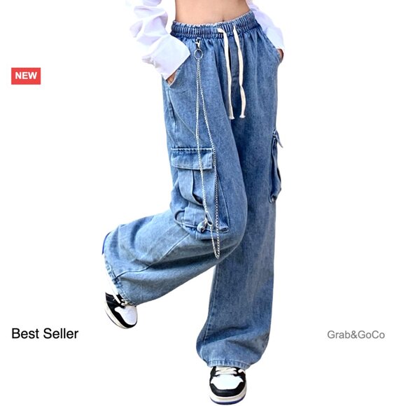 Y2K Baggy Boyfriend Jeans High Waist Loose Wide Leg Cargo Pants Drawstring